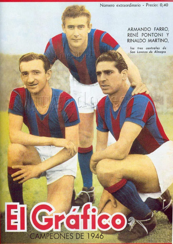 Farro, Pontoni y Martino, la delantera del campeón de 1946, en la tapa de El Gráfico.